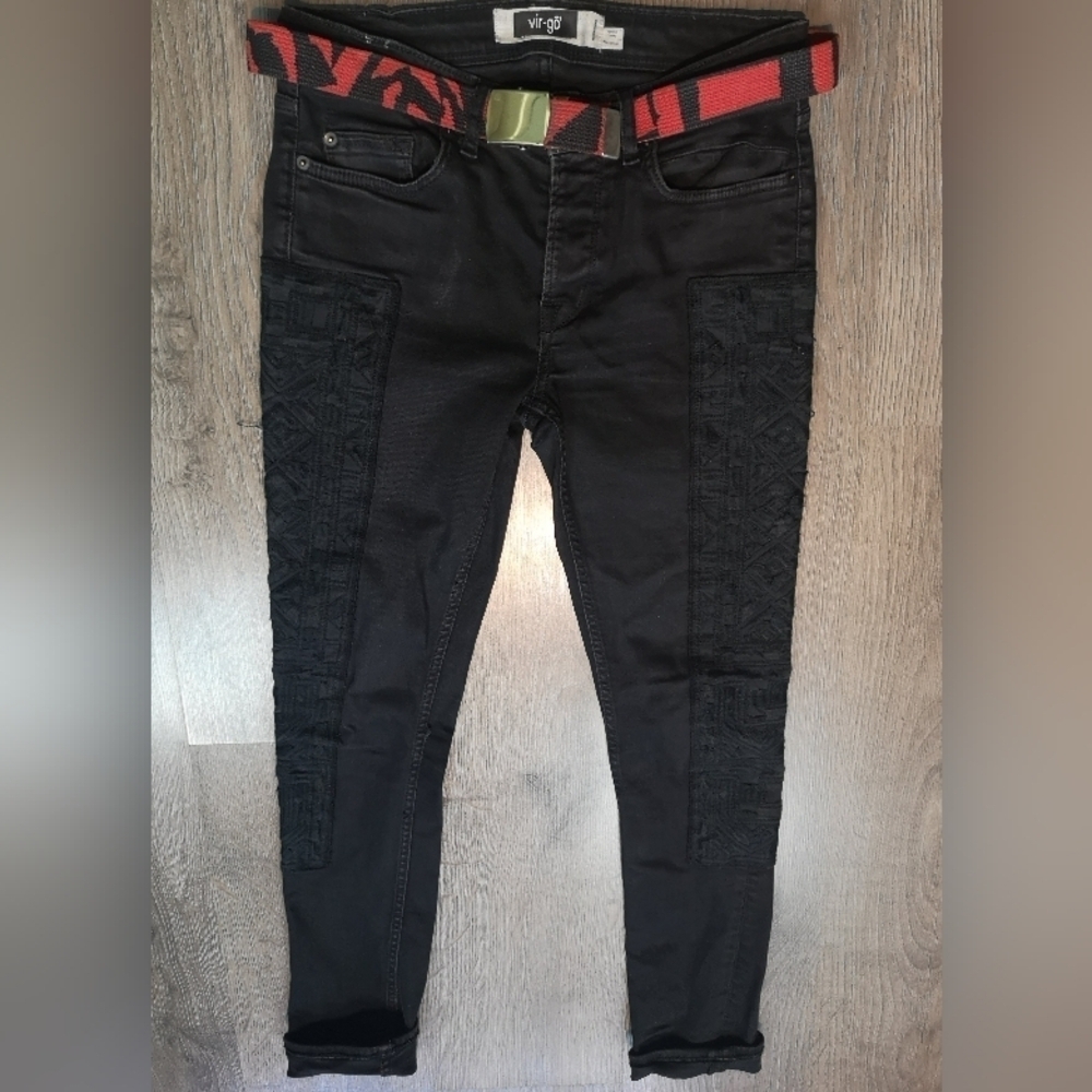 Neo-Vintage Upcycled Vintage Embroidered Black On Black Slim Stretch Denim Jeans